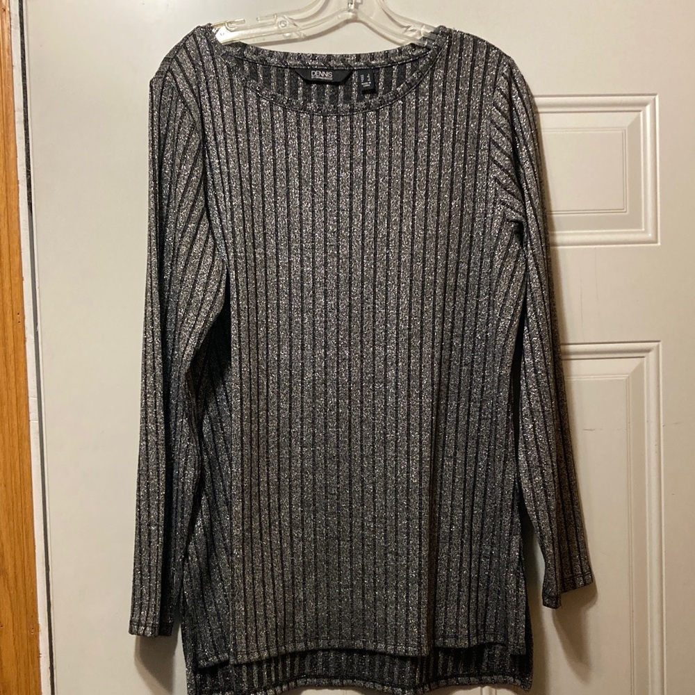Dennis Basso Shimmering Silver‎ Ribbed Top L